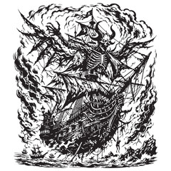 Obraz premium Haunted galleon in stormy skies with black and white