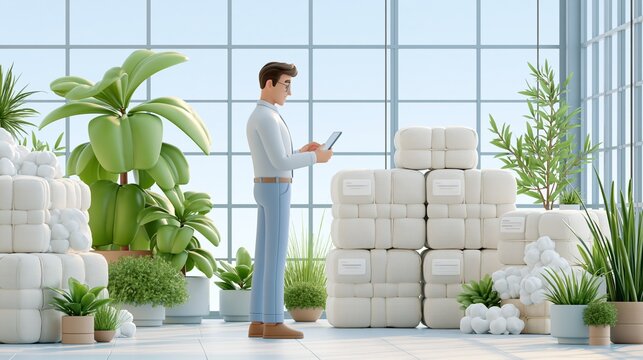 Minimalist 3D illustration of a sustainability manager holding a tablet observing labeled cotton bales in a bright ecofriendly textile innovation lab with glass walls and potted