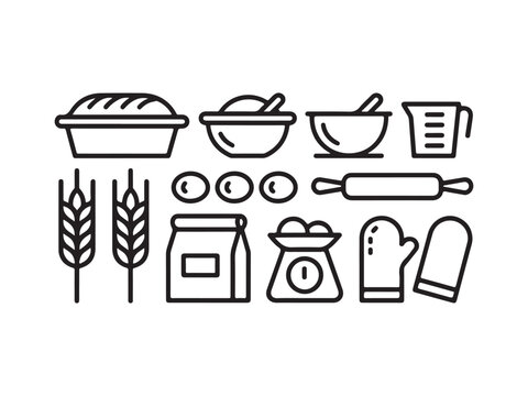 Baking icons including bread loaf pan mixing bowl measuring cup whisk wheat ears rolling pin baking tools and accessories  isolated on white background