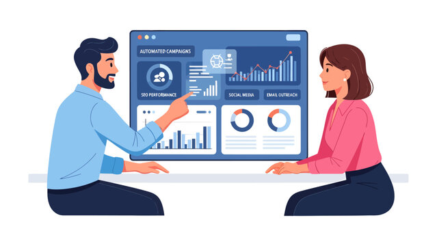 Data analysis collaboration: A male and female professional review data charts and graphs on a large monitor in a modern office setting, highlighting teamwork and strategic decision-making.