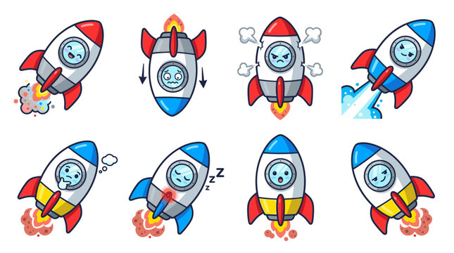 Cartoon space rocket character set with different funny emotional expressions flying exploding sleeping and thinking vector