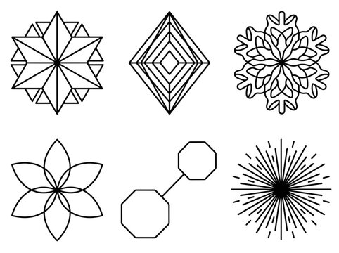Sacred geometry abstract linear symbols and detailed mandala pattern logo templates set vector black line art on white