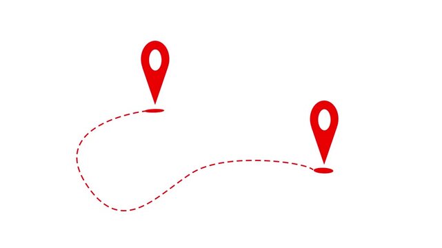 Two red location pins connected by a dashed line animated on a white background.