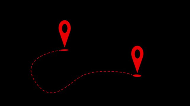 Two red location pins connected by a dashed line animated on a black background.