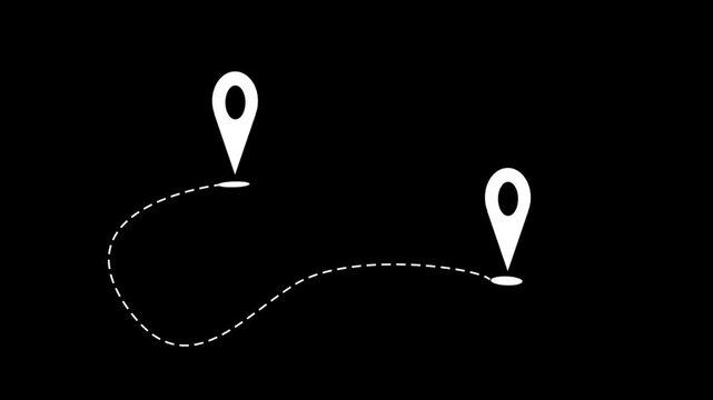Two white location pins connected by a dashed line animated on a white background.
