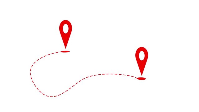 Two red location pins connected by a dashed line animated on a white background.