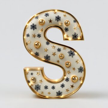 Decorative 3D letter S with gold stars snowflakes and lights isolated on white background