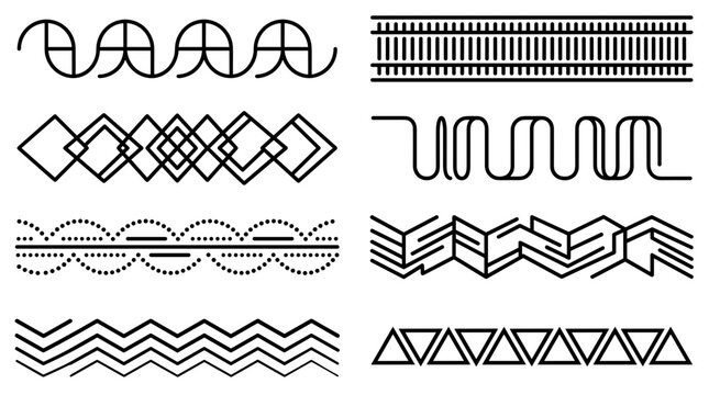 Geometric seamless border patterns and abstract linear graphic design elements set for text decoration isolated on white