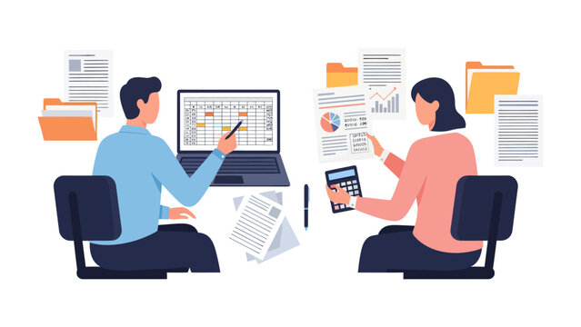 Data Analysis in Action: Two colleagues collaborate around a desk, using a laptop, calculator, and documents to analyze financial data.