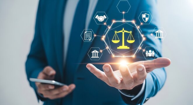 Legal technology and digital justice concept with scales and network icons