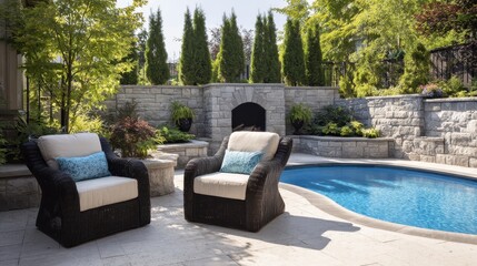 Obraz premium Luxurious outdoor patio with wicker chairs, a swimming pool, and a stone fireplace in a landscaped garden.