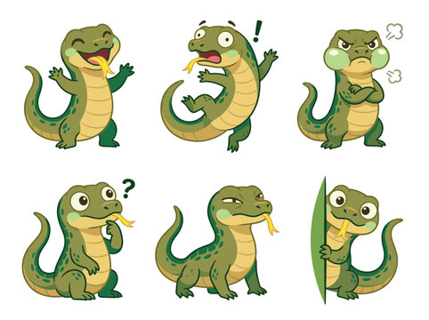 Cute green lizard character sticker set with various funny facial expressions laughing shouting angry and thinking vector