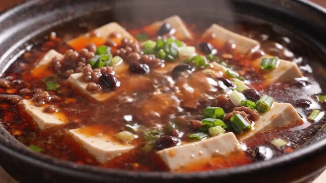A close-up, overhead shot of a steaming bowl of Mapo Tofu, a popular Sichuan dish, featuring soft tofu cubes and minced meat in a spicy, savory sauce, garnished with chopped green onions.