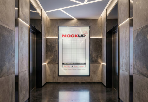 Vertical Backlight Sign Mockup on Marble Hall with Elevators