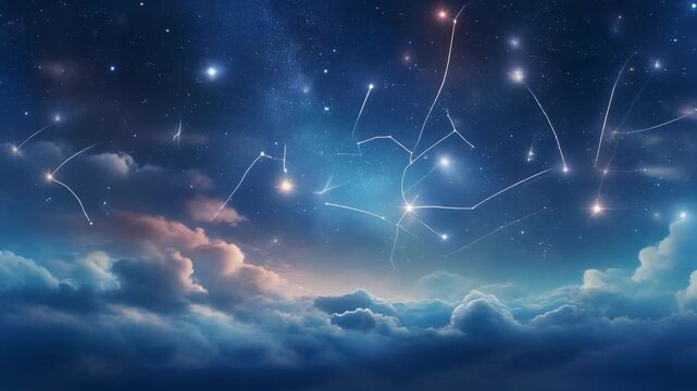 Glowing constellations shimmering across the dark night sky with soft clouds drifting slowly in this seamless cosmic video loop