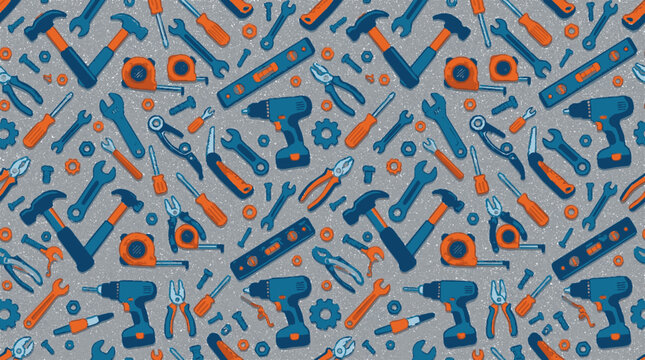 Seamless pattern featuring hand drawn construction tools for fathers day greeting card background design with blue