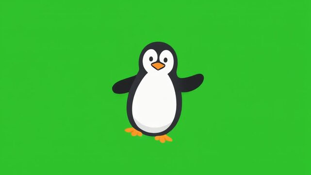 Cute animated penguin character waving hands back and forth in a rhythmic motion against a vibrant green screen background