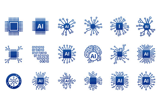 Artificial Intelligence and Circuit Board Microchip Icon Set with Blue Gradient Symbols for Deep Learning Binary Data and Future Technology Vector Interfaces