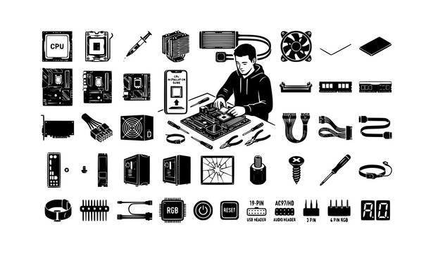 Man installing CPU on motherboard using smartphone guide with desktop PC hardware components and computer repair tools vector line icon set