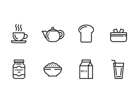 Breakfast icons including tea coffee milk bread jam cereal and juice  simple line style  isolated on white background
