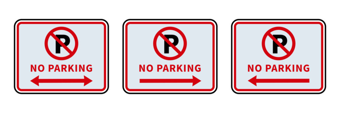 Set of three rectangular no parking signs with red prohibition symbols and directional arrows for traffic management