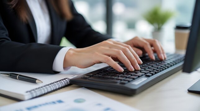 Close up of hands typing on black computer keyboard.