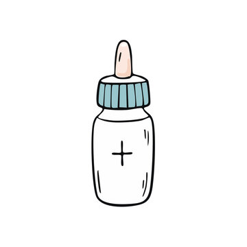 Hand Drawn Cute Medicine Dropper Bottle with Plus Symbol for Healthcare and Wellness