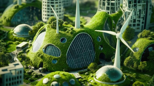 Futuristic eco-city with green buildings and wind turbines