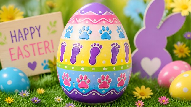 Colorful Easter egg with pet paw prints in garden.