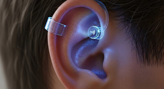 Close-up of a futuristic hearing aid glowing blue inside a human ear.