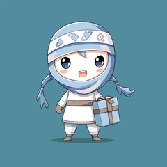 Fototapeta premium Chibi hooded character with braids holding a striped gift box