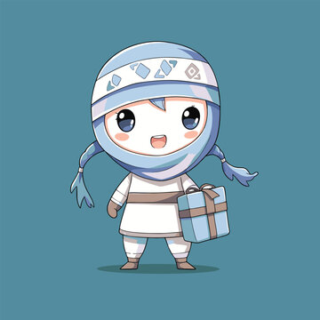 Chibi hooded character with braids holding a striped gift box