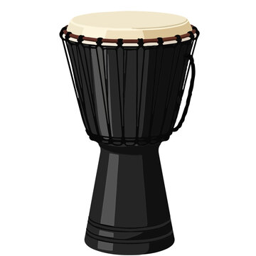 Black djembe drum with cream-colored head, isolated on white