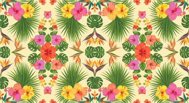 Tropical hibiscus seamless pattern vector, exotic floral background with palm leaves and monstera, summer botanical wallpaper for textile design
