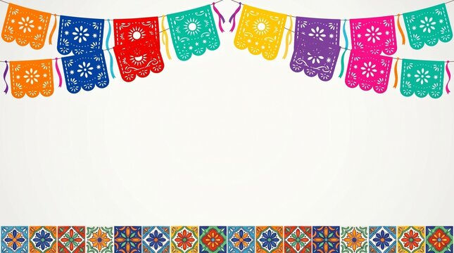 Mexican papel picado banner and talavera tiles border