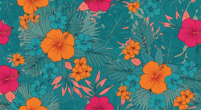 Tropical hibiscus seamless pattern vector, exotic floral background with palm leaves, vibrant summer botanical print for textile and wallpaper design