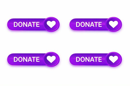 Modern purple donate button with heart icon set of four variations