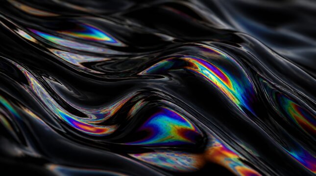Dark liquid abstract background with iridescent oil slick colors.