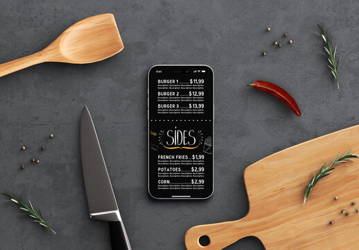 Phone Screen Restaurant Food Delivery Menu Mockup with Kitchenware Flatlay