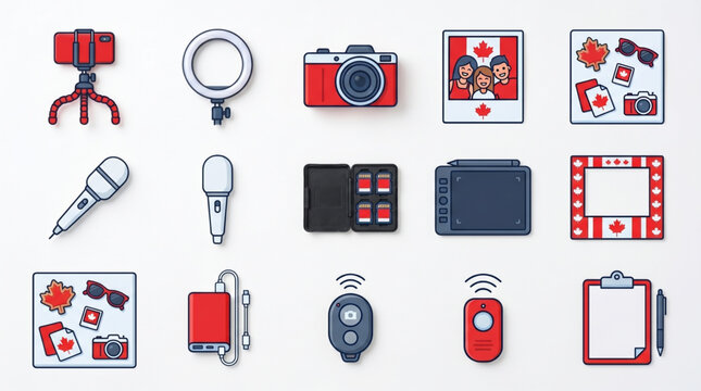 Set of flat vector icons for video blogging, photography, and digital content creator equipment