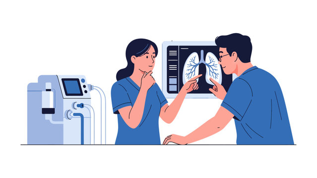 Medical Consultation: A doctor and patient discuss a lung x-ray, with a medical ventilator nearby, signifying a health examination and diagnostic process.