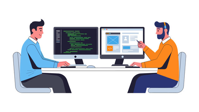 Coding Team Collaboration: Two developers are collaborating on a project, with one focused on coding and the other on web design.