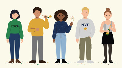 Fototapeta premium Diverse group of friends celebrating new year's eve with sparklers and party favors, looking forward to 2024.