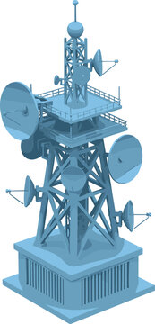 Isometric telecommunications transmission tower with satellite dishes antennas and wireless network infrastructure technology concept
