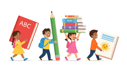Young learners embarking on their educational journey, carrying books, a giant pencil, and a backpack, symbolizing the pursuit of knowledge and the joy of learning.