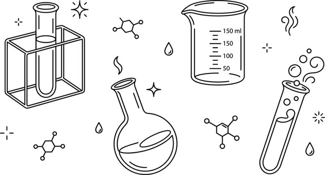 Science laboratory glassware vector line art illustration set with flask beaker test tube and molecules on white background