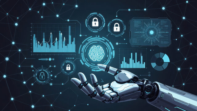 Cybersecurity artificial intelligence robot hand data protection digital network secure connection futuristic technology hologram interface robot hand reaching toward ai brain icon with data chart