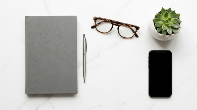 Notebook pen eyeglasses smartphone succulent desk, minimalist workspace flat lay white marble desk with notebook, pen, eyeglasses, smartphone, succulent plant, clean modern office style