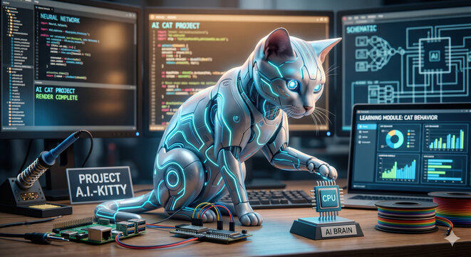 Artificial intelligence robotic cat computer code technology lab machine learning cybernetic futuristic circuit board neon light programmer Artificial intelligence robotic cat technology lab with