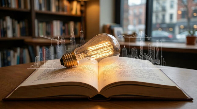 Book light bulb idea education library innovation knowledge reading creativity, vintage light bulb resting open book inside library with glowing filament and city skyline sketch overlay